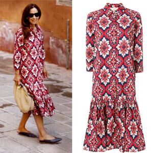 La Double J Shirtdress Dress Midi Length Button Geometric Print Red Blue Large